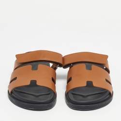 Pre Owned Hermes Brown Leather Chypre Flat Slide Size 42