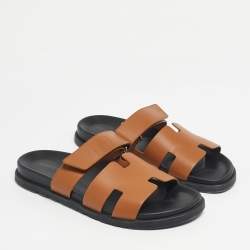 Pre Owned Hermes Brown Leather Chypre Flat Slide Size 42