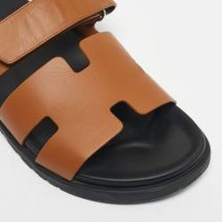 Pre Owned Hermes Brown Leather Chypre Flat Slide Size 42