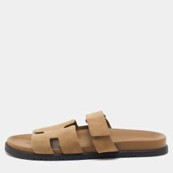 Pre Owned صندل هيرميس شيبر جلد وزخرفة شامواه بيج مقاس 46