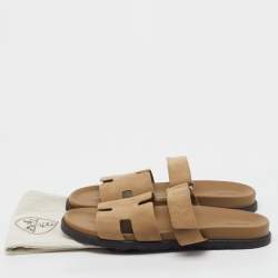 Pre Owned صندل هيرميس شيبر جلد وزخرفة شامواه بيج مقاس 46