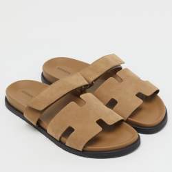 Pre Owned صندل هيرميس شيبر جلد وزخرفة شامواه بيج مقاس 46