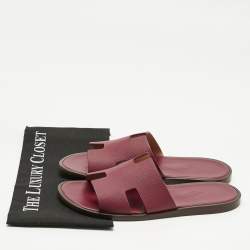 Pre Owned Hermes Burgundy Leather Izmir Flat Slides Size 41