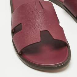 Pre Owned Hermes Burgundy Leather Izmir Flat Slides Size 41