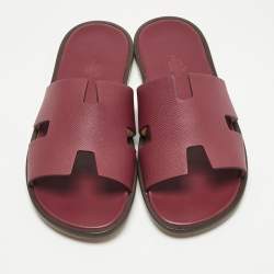 Pre Owned Hermes Burgundy Leather Izmir Flat Slides Size 41