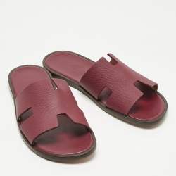 Pre Owned Hermes Burgundy Leather Izmir Flat Slides Size 41