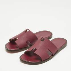 Pre Owned Hermes Burgundy Leather Izmir Flat Slides Size 41