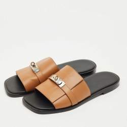 Pre Owned Hermes Brown Leather Gabriel Slide Sandals Size 43