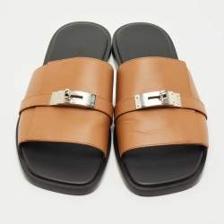 Pre Owned Hermes Brown Leather Gabriel Slide Sandals Size 43