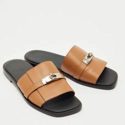 Pre Owned Hermes Brown Leather Gabriel Slide Sandals Size 43