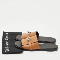 Pre Owned Hermes Brown Leather Gabriel Slide Sandals Size 43