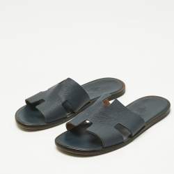 مملوكة مسبقًا Hermes Navy Blue Leather Izmir Flat Slides Size 41
