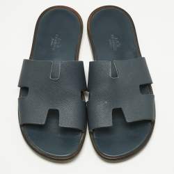 مملوكة مسبقًا Hermes Navy Blue Leather Izmir Flat Slides Size 41