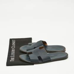 مملوكة مسبقًا Hermes Navy Blue Leather Izmir Flat Slides Size 41