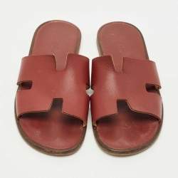 Pre Owned Hermes Burgundy Leather Izmir Flat Sandals Size 41