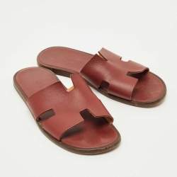Pre Owned Hermes Burgundy Leather Izmir Flat Sandals Size 41