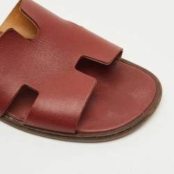 Pre Owned Hermes Burgundy Leather Izmir Flat Sandals Size 41