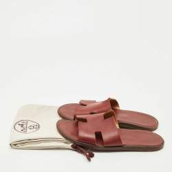 Pre Owned Hermes Burgundy Leather Izmir Flat Sandals Size 41