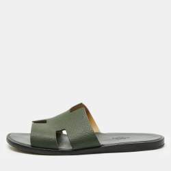 Pre Owned Hermes Green Leather Izmir Flat Slides  Size 41