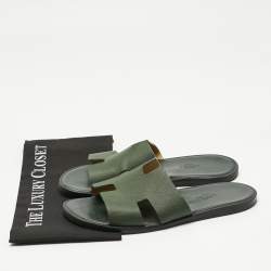 Pre Owned Hermes Green Leather Izmir Flat Slides  Size 41