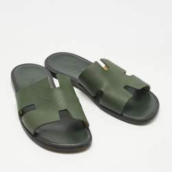 Pre Owned Hermes Green Leather Izmir Flat Slides  Size 41