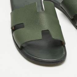 Pre Owned Hermes Green Leather Izmir Flat Slides  Size 41