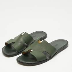 Pre Owned Hermes Green Leather Izmir Flat Slides  Size 41