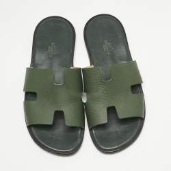 Pre Owned Hermes Green Leather Izmir Flat Slides  Size 41