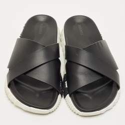 Pre Owned Hermes Black Leather Infra Flat Slides Size 42