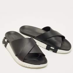 Pre Owned Hermes Black Leather Infra Flat Slides Size 42