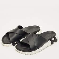 Pre Owned Hermes Black Leather Infra Flat Slides Size 42