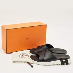 Pre Owned Hermes Black Leather Infra Flat Slides Size 42