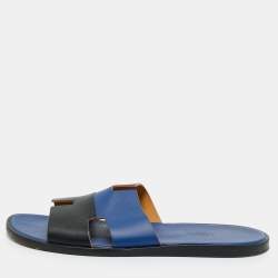 مملوكة مسبقًا Hermès Black/Blue Leather Izmir Flat Sandals Size 45