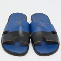 Pre Owned Hermès Black/Blue Leather Izmir Flat Sandals Size 45