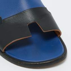 Pre Owned Hermès Black/Blue Leather Izmir Flat Sandals Size 45