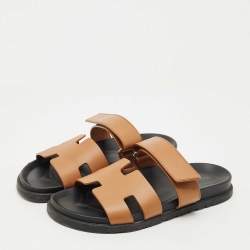 Pre Owned Hermès Brown Leather Chypre Flat Slides Size 40