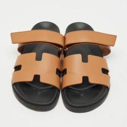 Pre Owned Hermès Brown Leather Chypre Flat Slides Size 40