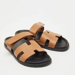 Pre Owned Hermès Brown Leather Chypre Flat Slides Size 40