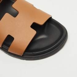 Pre Owned Hermès Brown Leather Chypre Flat Slides Size 40