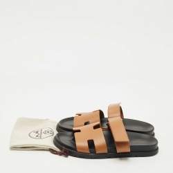 Pre Owned Hermès Brown Leather Chypre Flat Slides Size 40