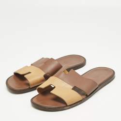 Pre Owned Hermes Two Tone Leather Izmir Flat Slides Size 43