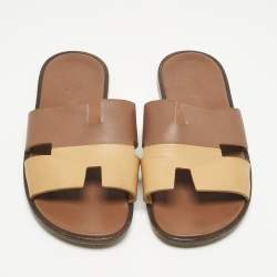 Pre Owned Hermes Two Tone Leather Izmir Flat Slides Size 43