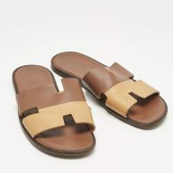 Pre Owned Hermes Two Tone Leather Izmir Flat Slides Size 43