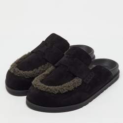 Pre Owned Hermès Black/Grey Suede and Shearling Fur Go Mules Size 41