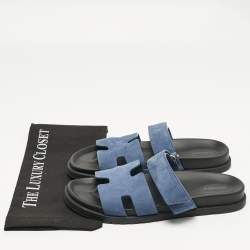 Pre Owned Hermès Blue Suede Chypre Flat Sandals Size 42