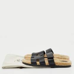 Pre Owned Hermes Black Leather Chypre Shearling Fur Flat Sandals Size 43