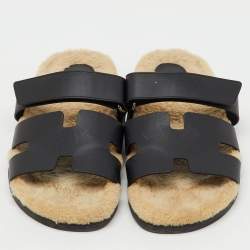 Pre Owned Hermes Black Leather Chypre Shearling Fur Flat Sandals Size 43