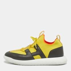 Pre Owned Hermes Yellow Knit Fabric and Leather Duel Athletic Low Top Sneakers Size 43