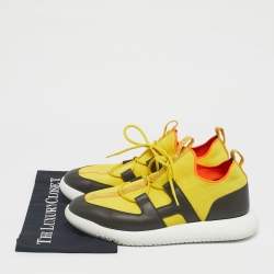 Pre Owned Hermes Yellow Knit Fabric and Leather Duel Athletic Low Top Sneakers Size 43