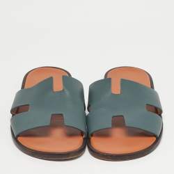 Pre Owned Hermes Blue Leather Izmir Flat Slide Sandals Size 43.5